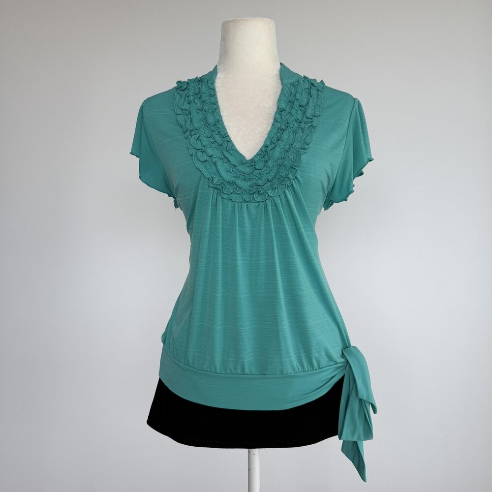 Tunic Blouse Womens M Green Ruffle V Neck Flutter Sleeve Tie Hem Stretch Top